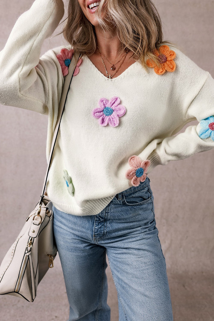 Crochet Flower V-Neck Long Sleeve Sweater (ships 1-2 weeks)