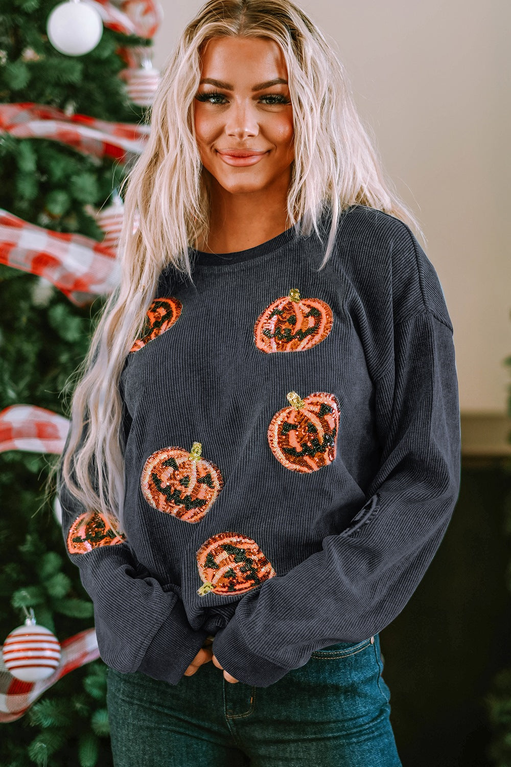 Sequin Patch Pumpkin Round Neck Sweatshirt (ships in 2 weeks)