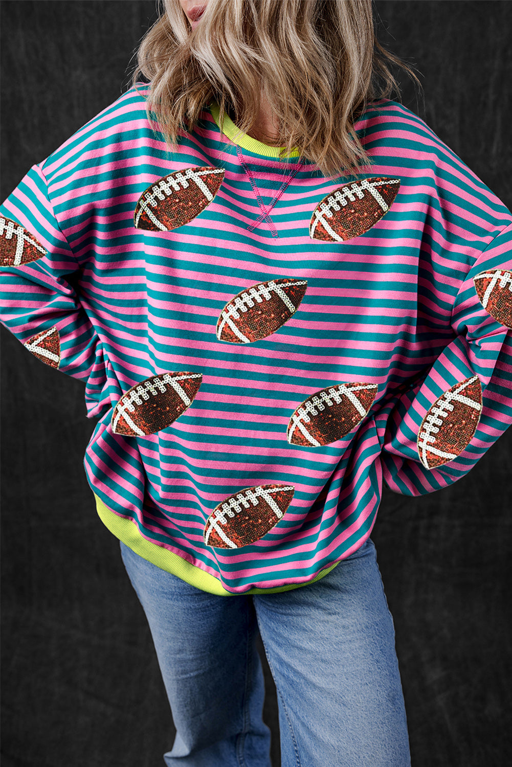 Green Stripe Game Day Sequin Rugby Graphic Colorblock Edge Sweatshirt(ships 2-3 weeks)