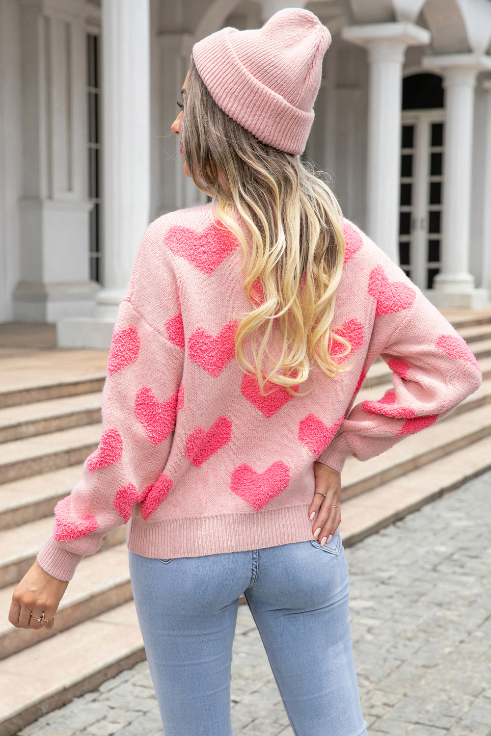 Pink on pink heart sweater ships 1-2 weeks