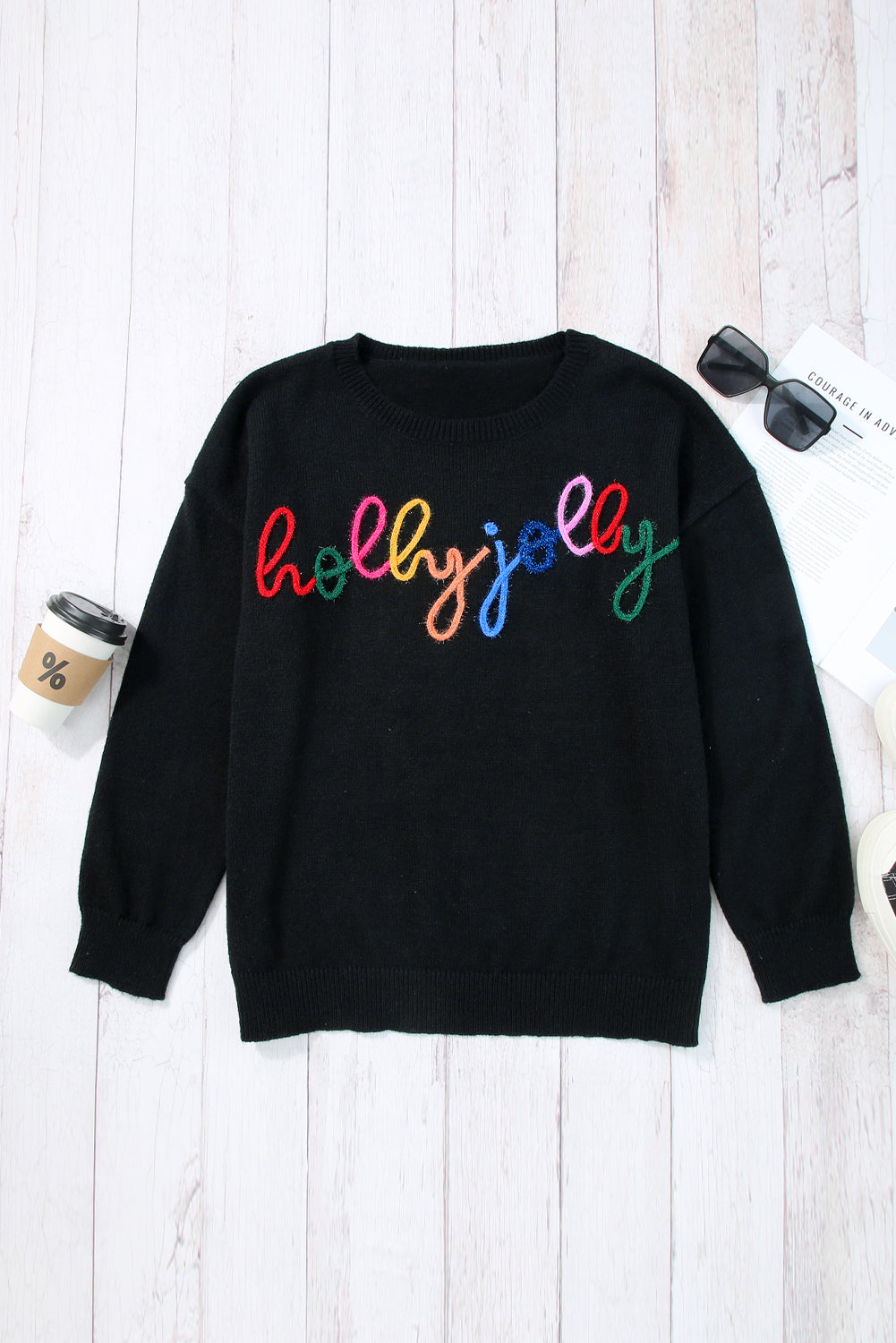 White Glitter Merry & Bright Round Neck Knit Sweater ships 2-3 weeks