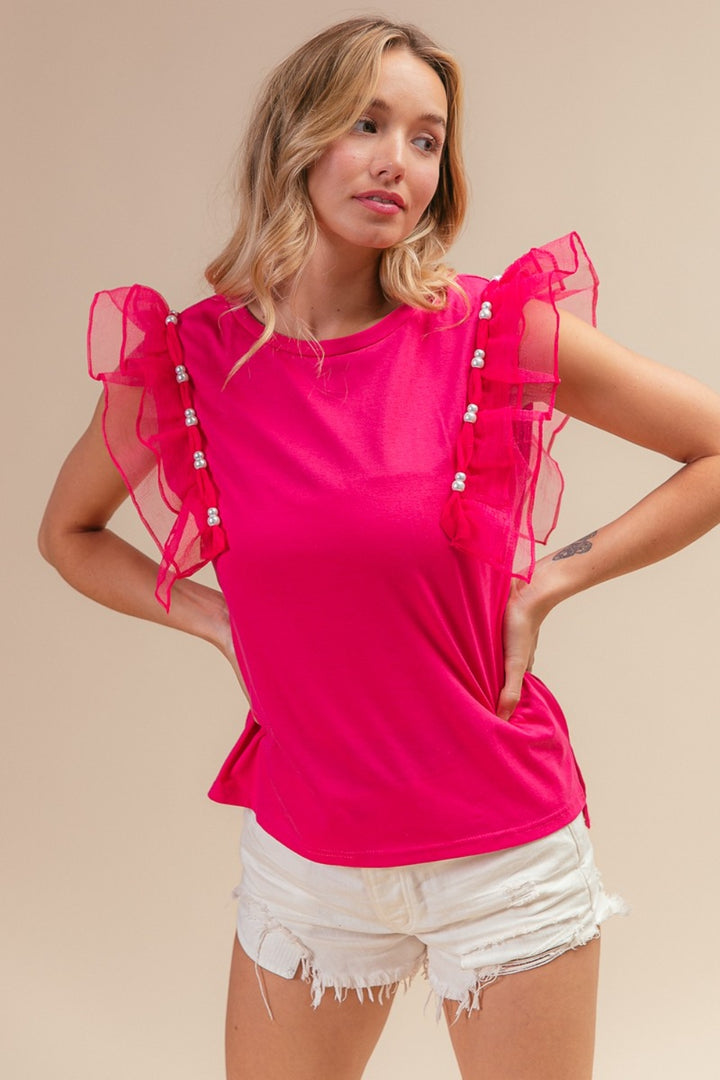 BiBi Pearl Decor Mesh Ruffle Sleeve Top