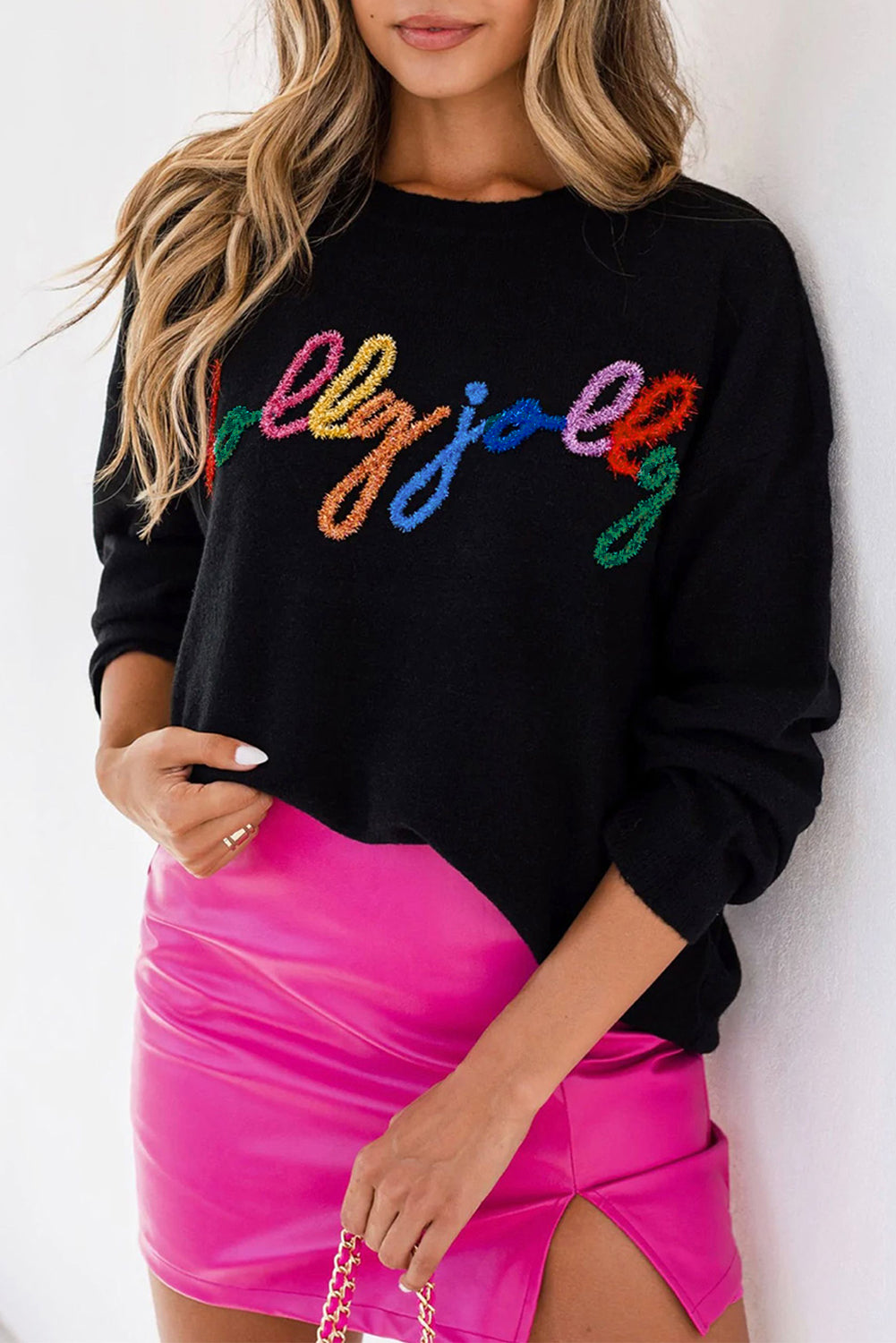 White Glitter Merry & Bright Round Neck Knit Sweater ships 2-3 weeks