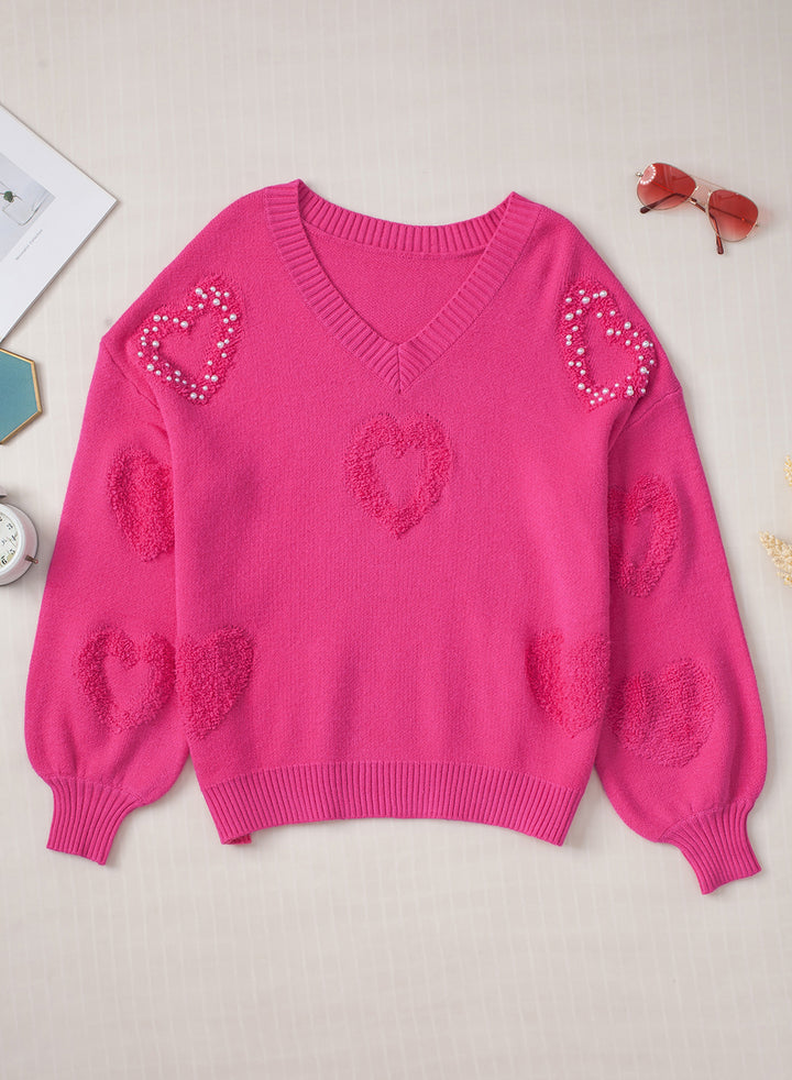 Pearl Trim Heart V-Neck Sweater (ships 1-2 weeks)