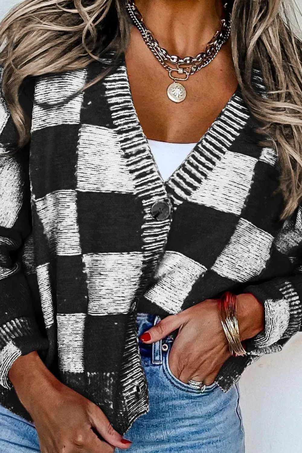 Checkered Button Up Long Sleeve Cardigan (ships 2-3 weeks)