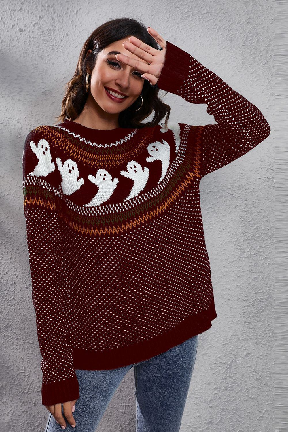 Ghost Pattern Round Neck Long Sleeve Sweater (ships in 2 weeks)