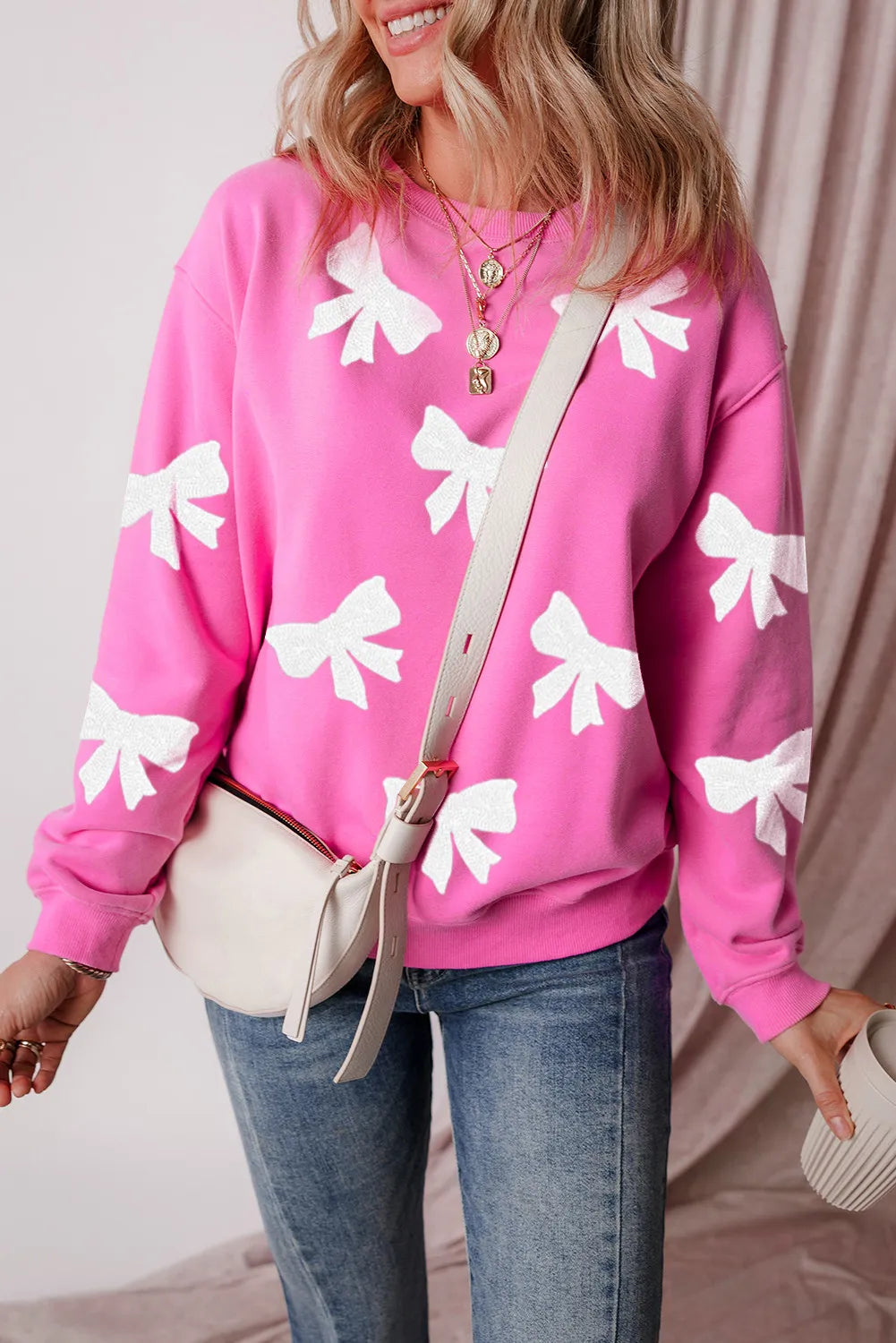 Pink Bow Dropped Shoulder Long Sleeve Sweatshirt (ships 2-3 weeks)