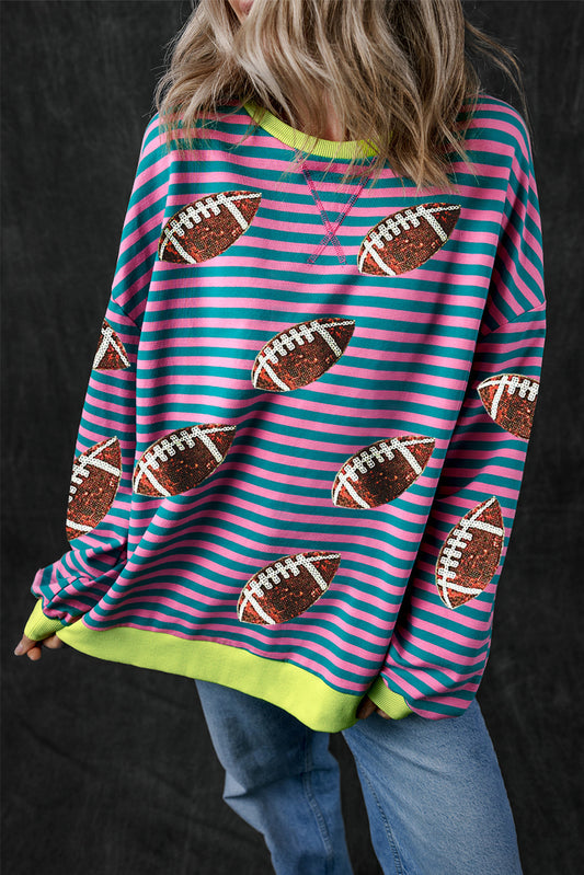 Green Stripe Game Day Sequin Rugby Graphic Colorblock Edge Sweatshirt(ships 2-3 weeks)