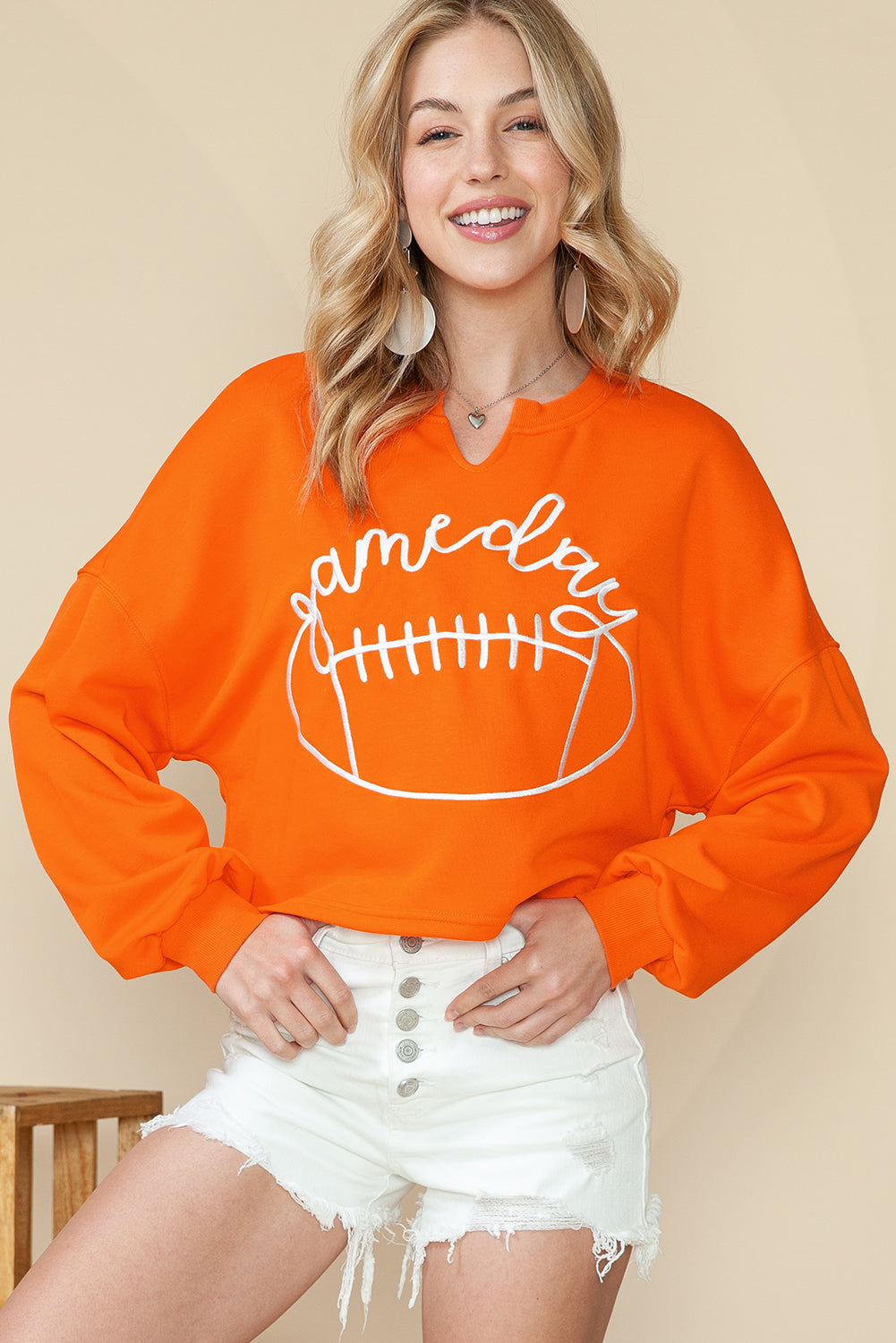 Orange Game Day Lettering Rugby Notched Neck Cropped Sweatshirt (ships 2 weeks)