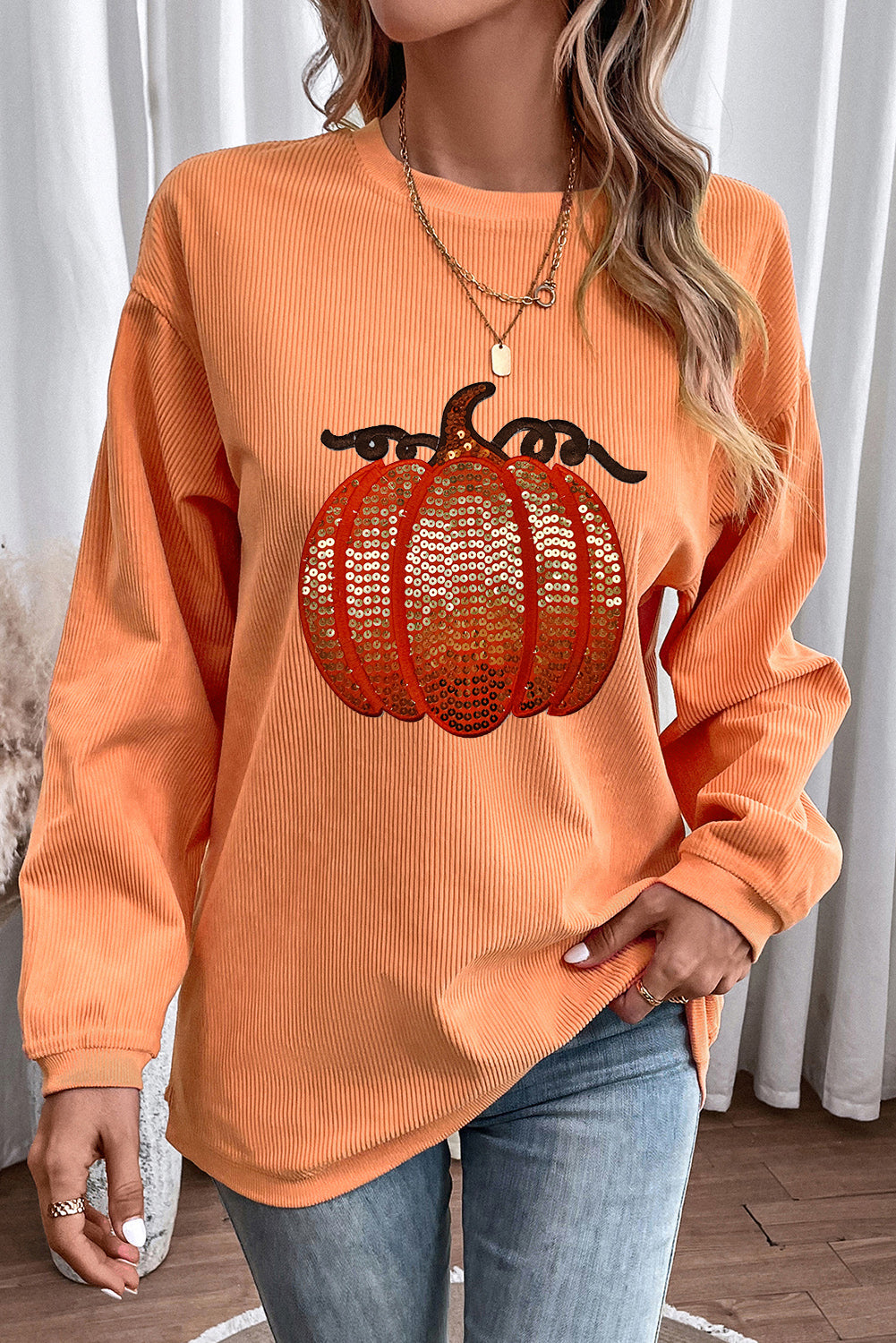 Apricot Crinkle Ribbed Halloween Sequin Pumpkin Graphic Sweatshirt (ships 2 weeks)