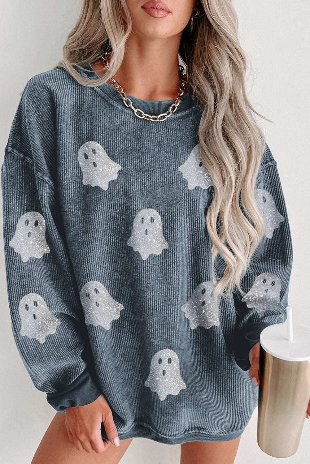 Halloween Ghost Corded Crew Neck Loose Sweatshirt Ships 2-3 weeks