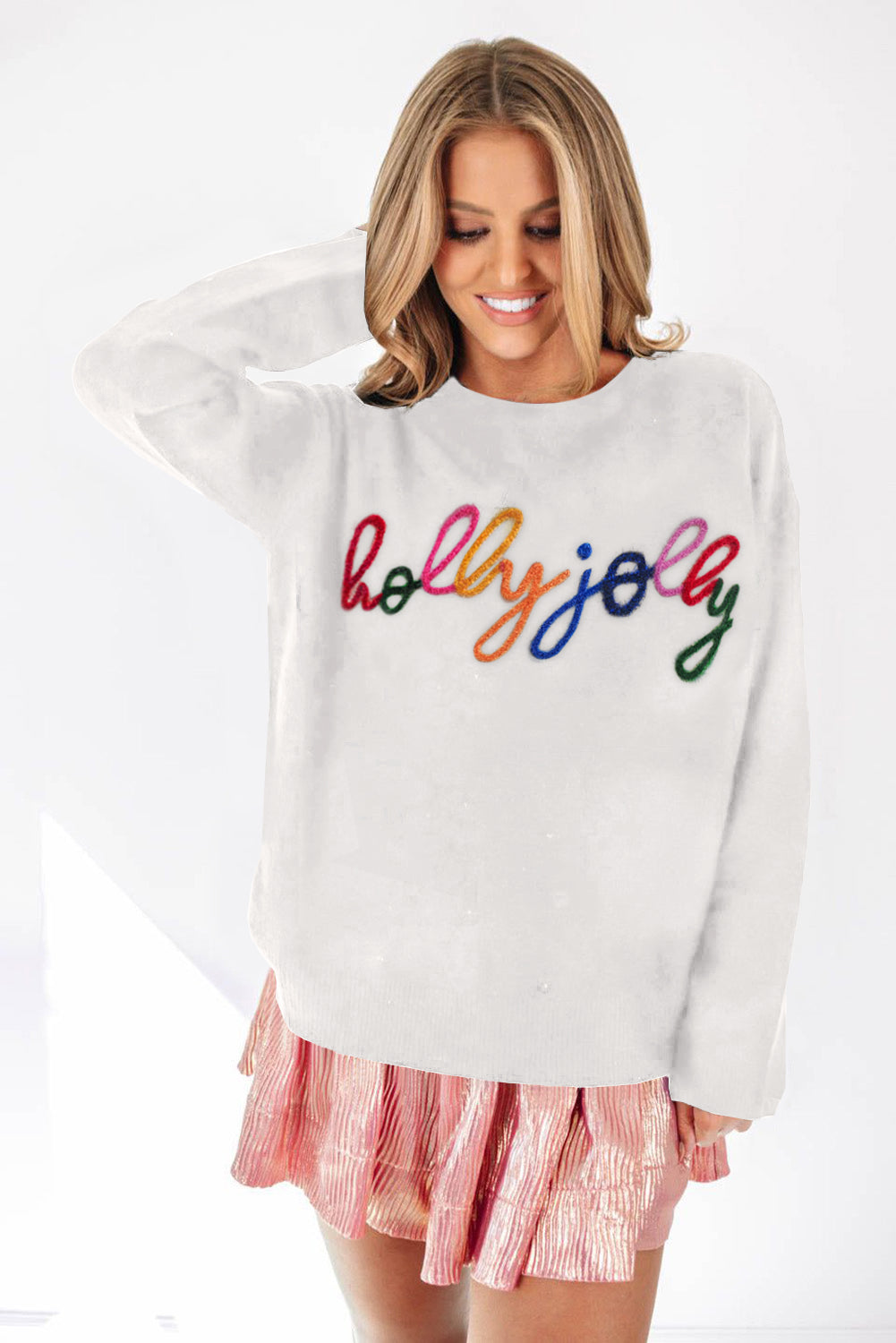 White Glitter Merry & Bright Round Neck Knit Sweater ships 2-3 weeks