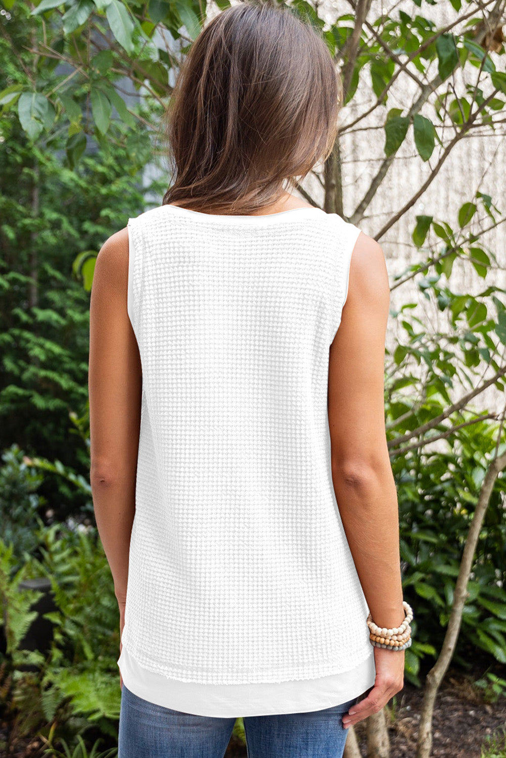 White Waffle Knit Sequin Rugby Graphic Tank Top