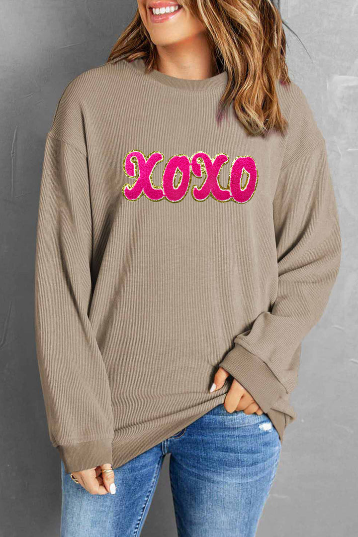 XOXO Sequin Round Neck Dropped Shoulder Sweatshirt ships 1-2 weeks