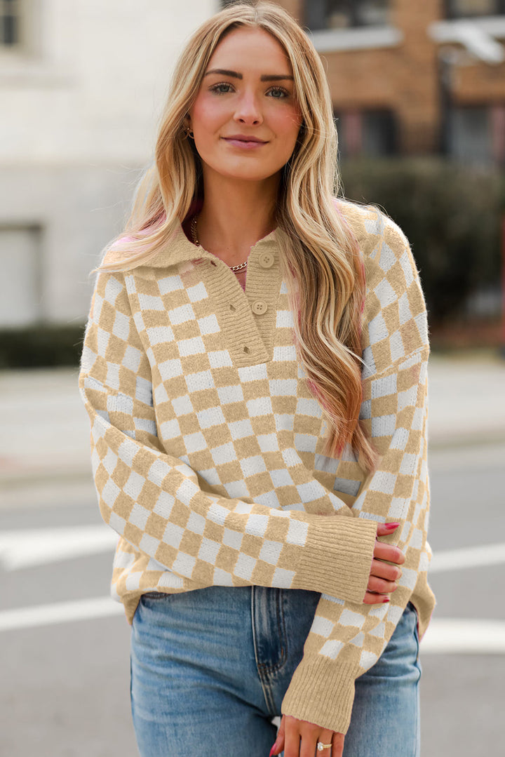 Pink Checkered Collared Neck Long Sleeve Sweater(ships 1-2 weeks)