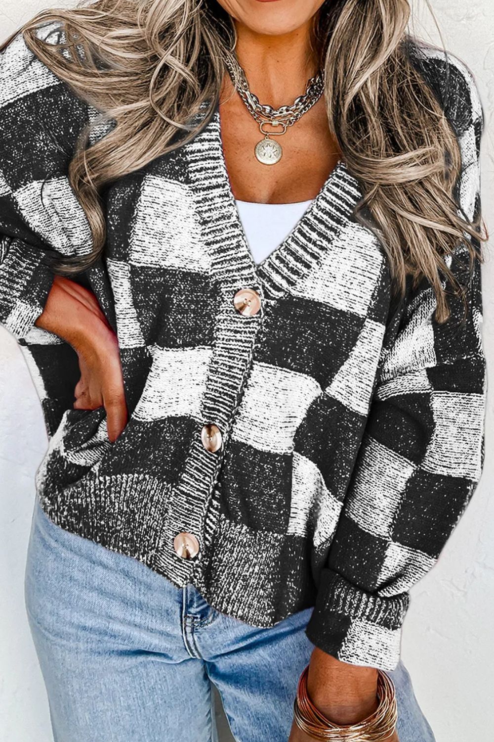 Checkered Button Up Long Sleeve Cardigan (ships 2-3 weeks)