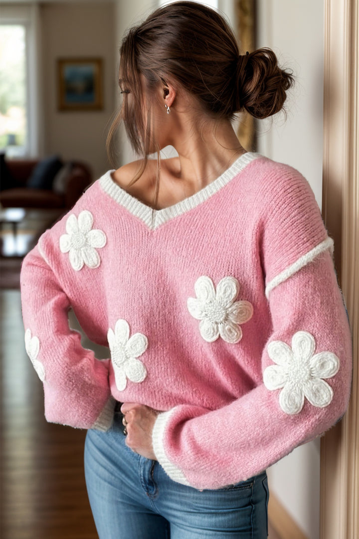 Flower V-Neck Dropped Shoulder Sweater (ships 1-2 weeks)