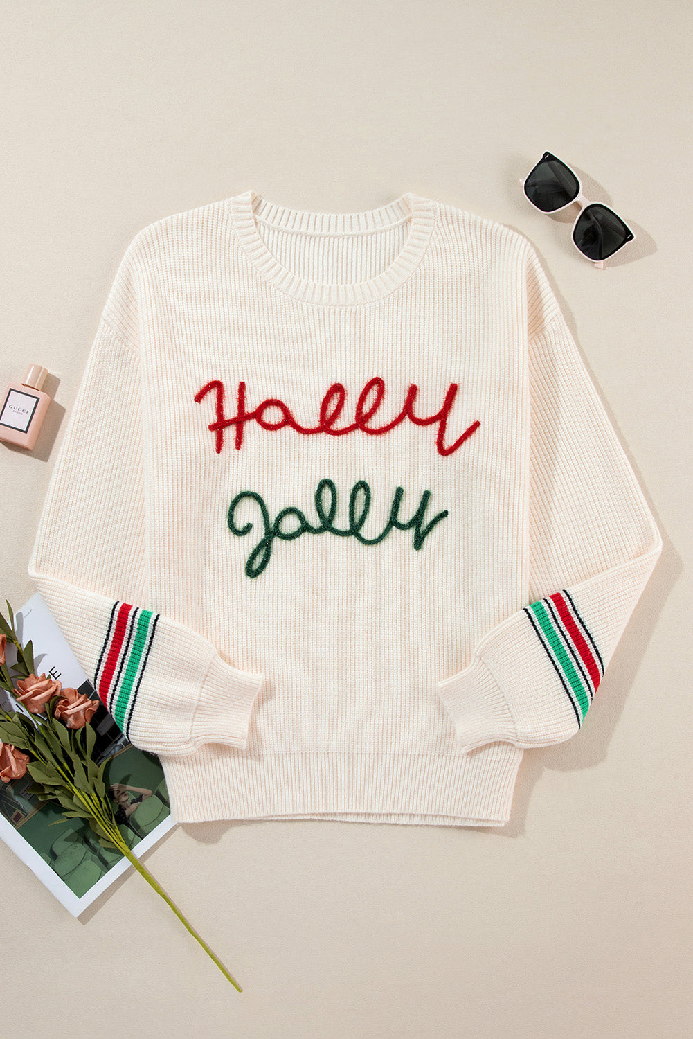 Ivory Tinsel Holly Jolly Graphic Round Neck Sweater (ships 2-3 weeks)