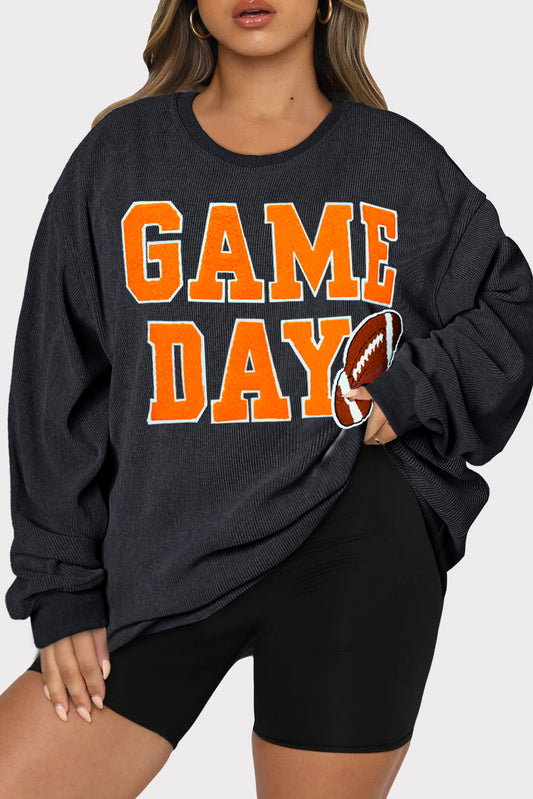 Black Plus Size GAME DAY Rugby Graphic Corded Sweatshirt (ships 2 weeks)