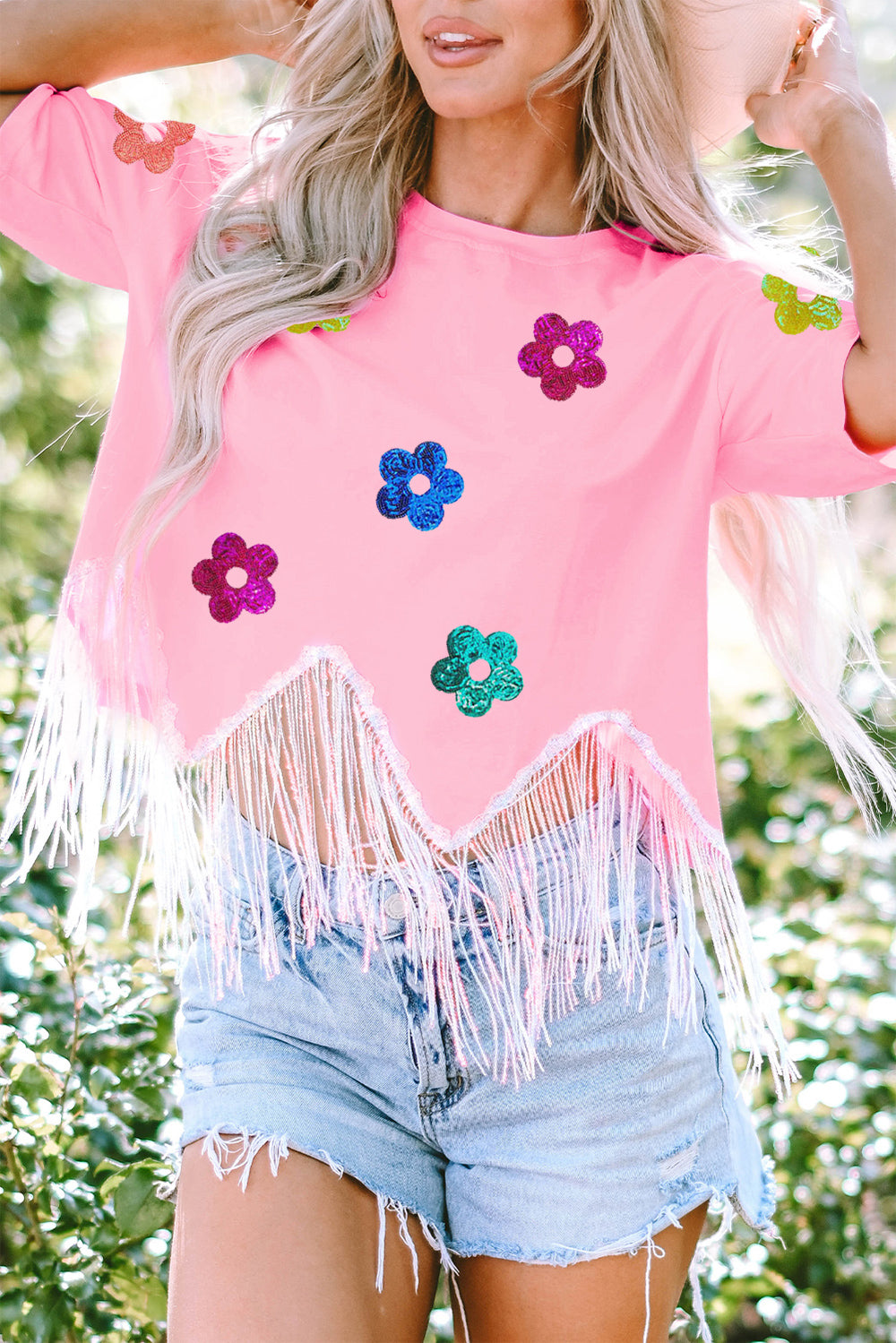 Sequin Flower Round Neck Half Sleeve T-Shirt ships 1-2 weeks