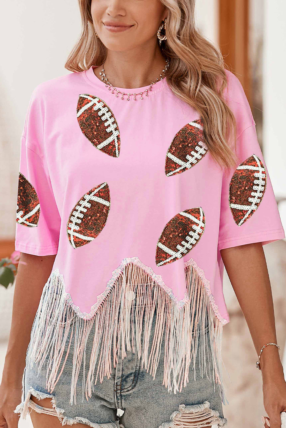 Pink Sequined Rugby Fringe Hem Cropped T Shirt