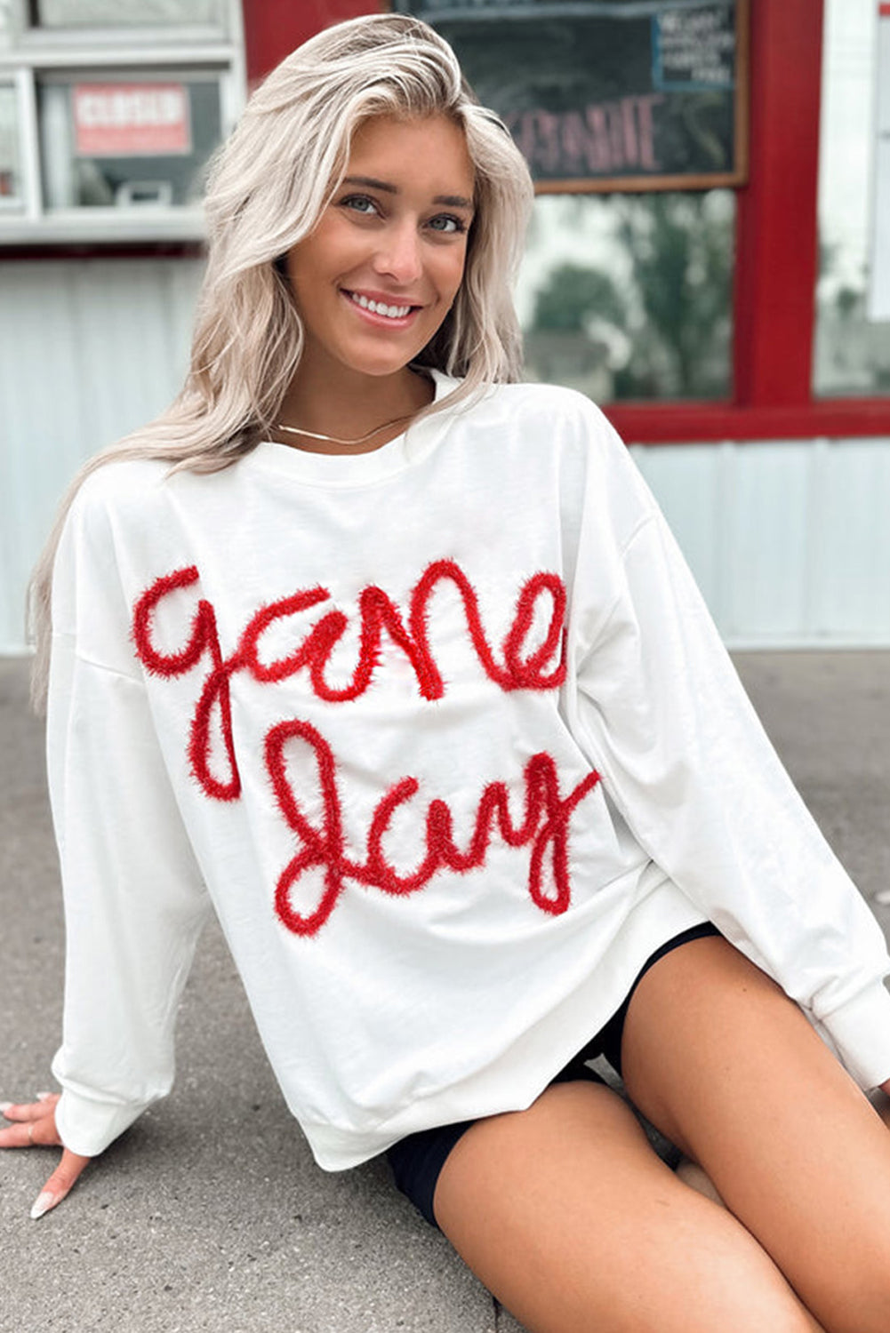 White Tinsel Game Day Drop Shoulder Sweatshirt (ships 1-2 weeks)