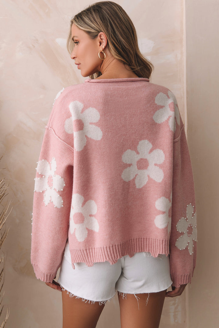 Floral  Pearl Detail Rolled Slit Sweater (ships 1-2 weeks)