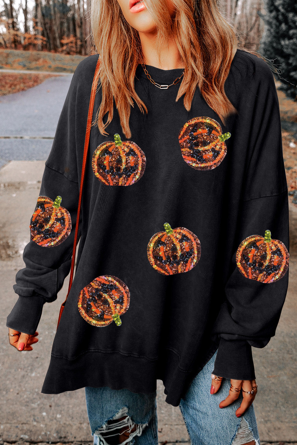 Pumpkin Print Dropped Shoulder Sweatshirt (ships in 2 weeks)