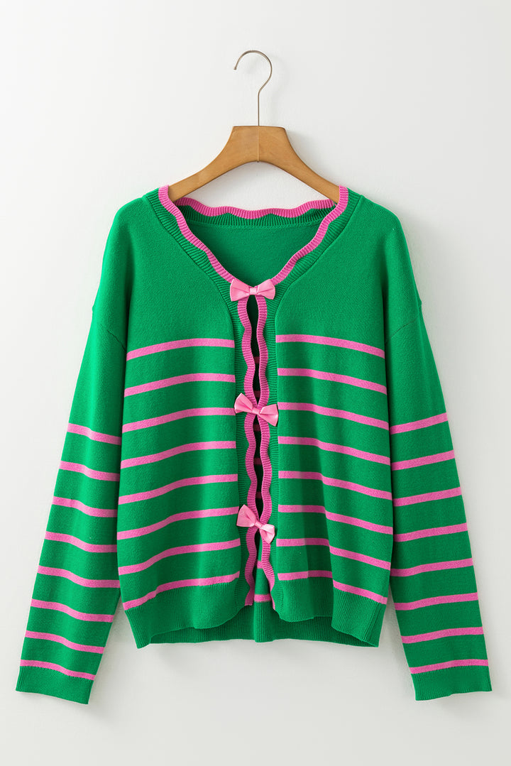 Bow Striped V-Neck Long Sleeve Cardigan (ships 1-2 weeks)