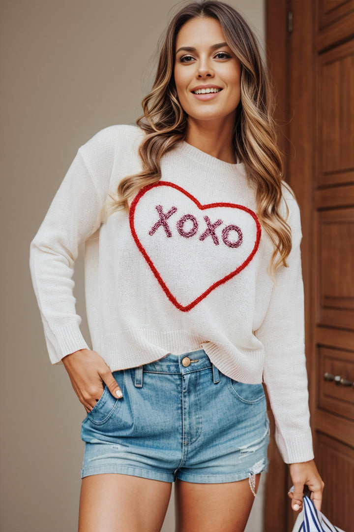 XOXO Heart Round Neck Dropped Shoulder Sweater ships 1-2 weeks