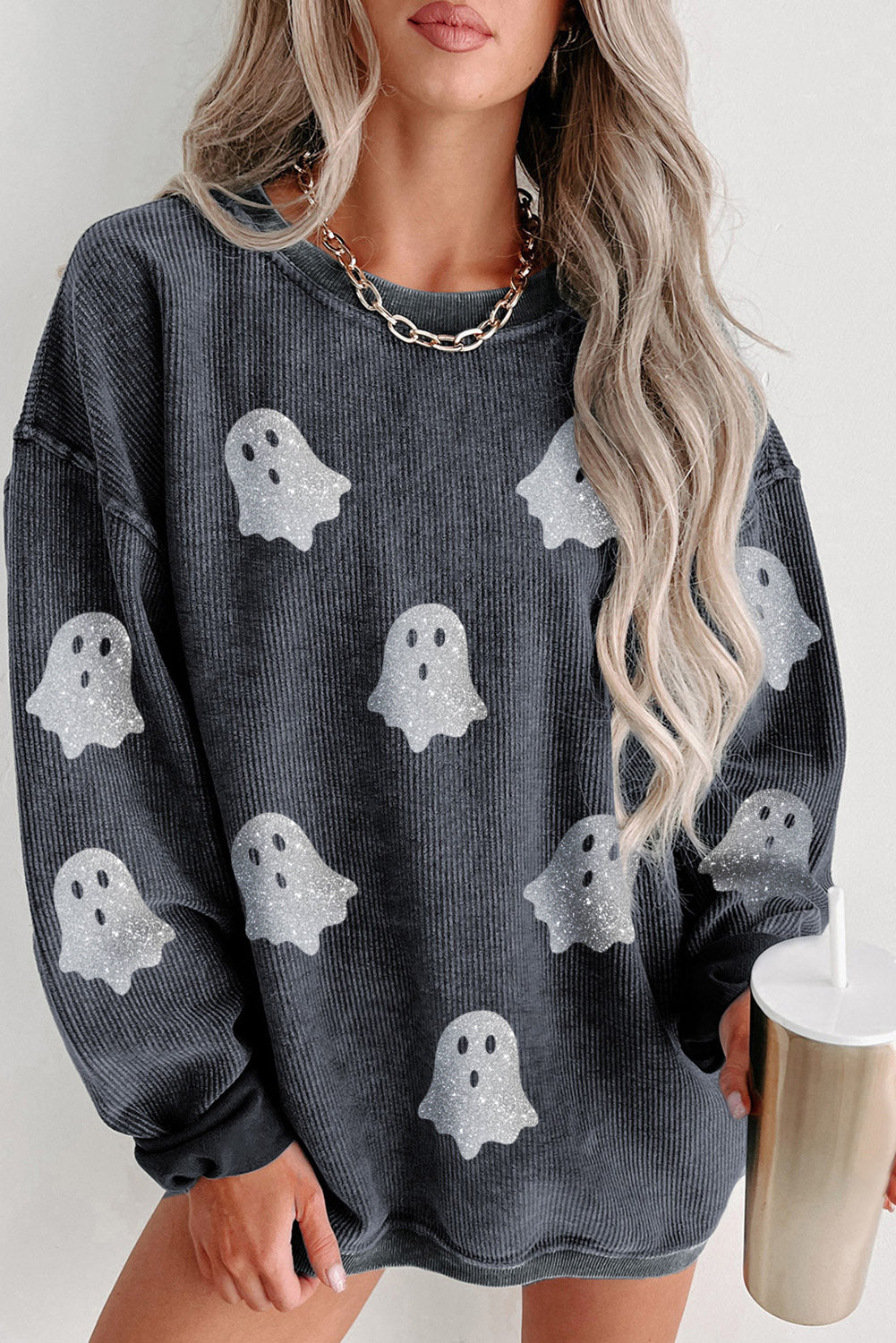 Halloween Ghost Corded Crew Neck Loose Sweatshirt Ships 2-3 weeks