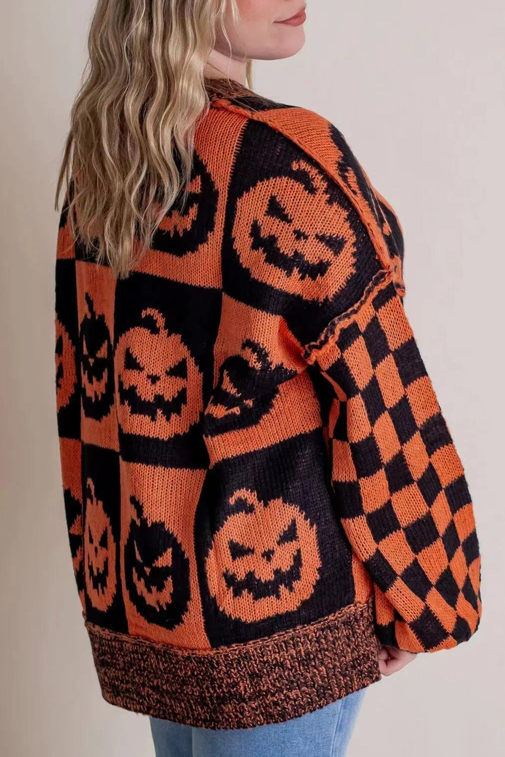 Orange Plaid Print Pumpkin Loose Halloween Sweater PREORDER