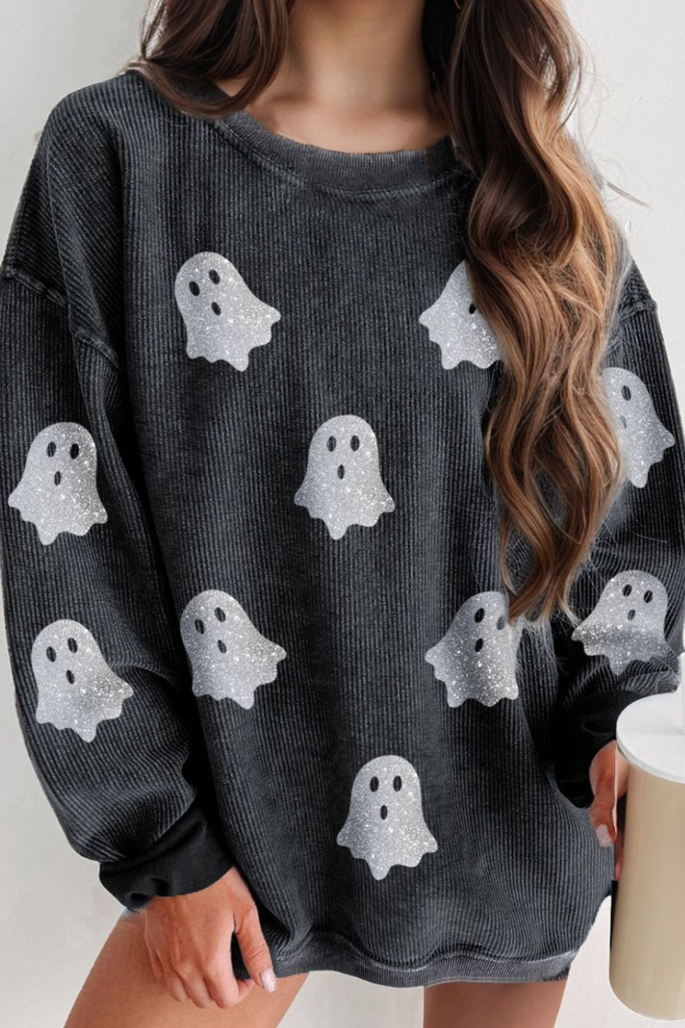 Glitter Ghost Round Neck Long Sleeve Sweatshirt ships 2-3 weeks