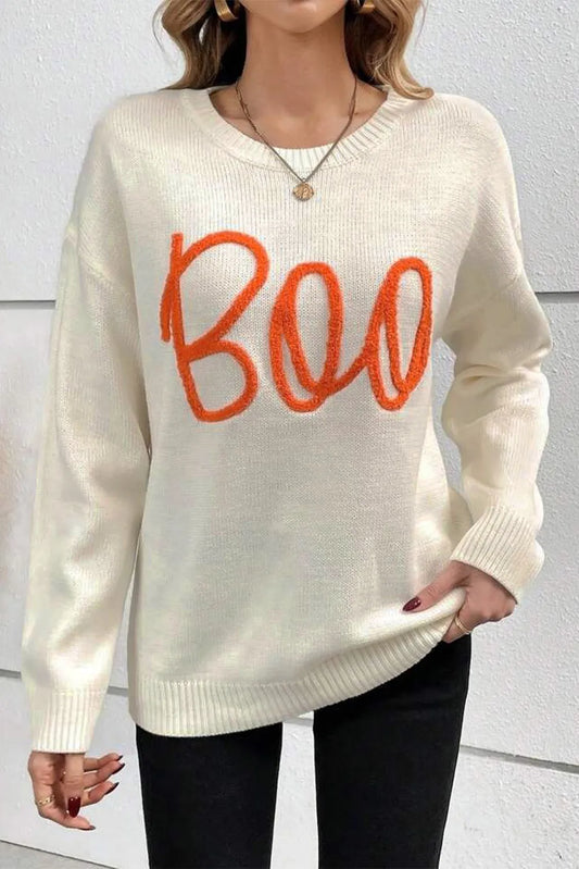 BOO Round Neck Long Sleeve Sweaters ships 2-3 weeks