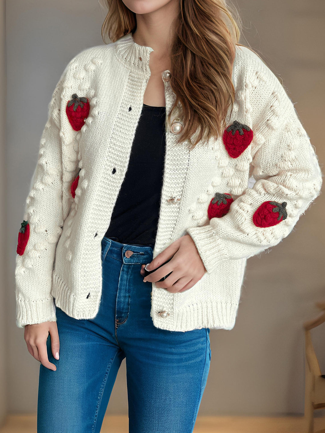 Strawberry Button Down Long Sleeve Cardigan (ships 1-2 weeks)