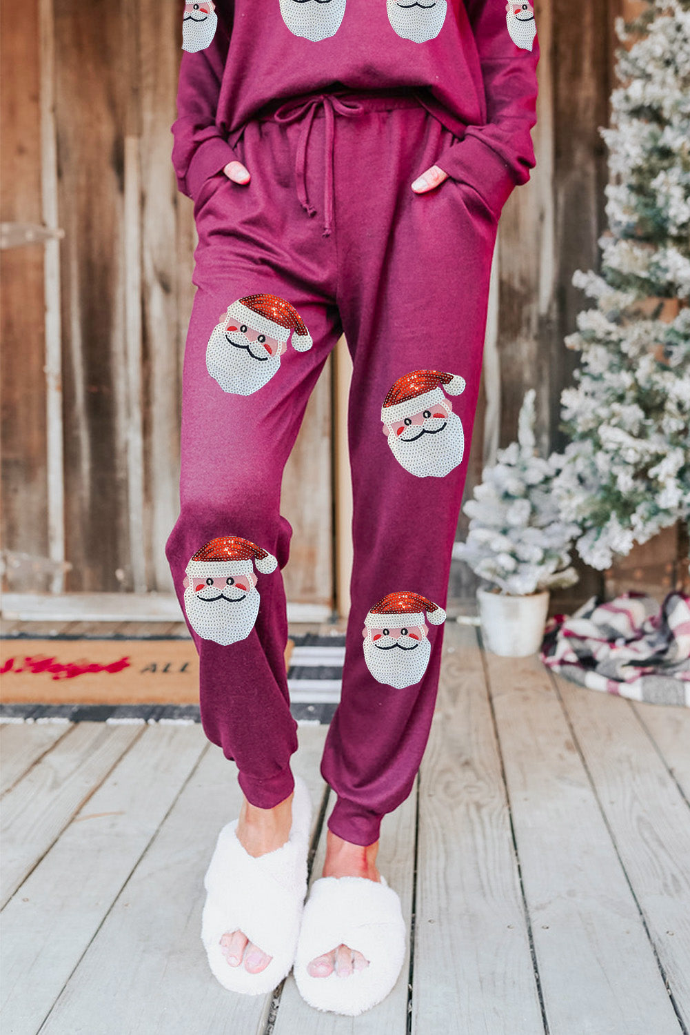 Red Sequins Santa Claus Graphic Loungewear Set ships 2-3 weeks