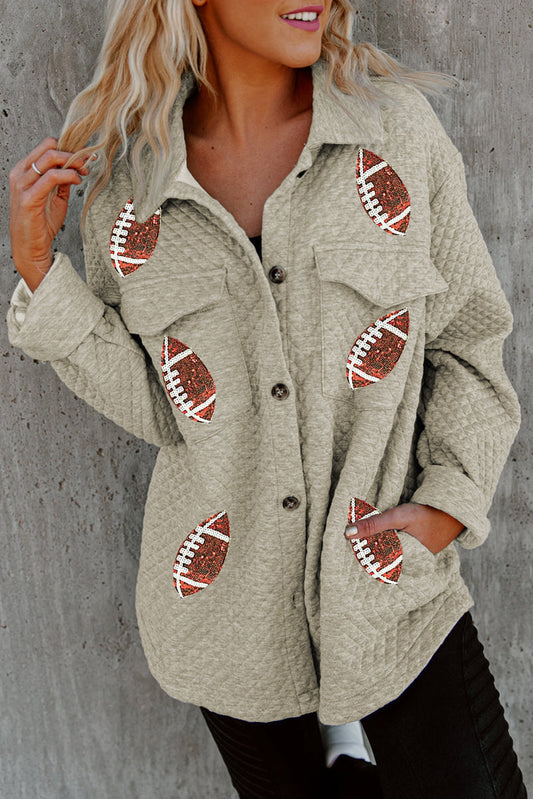 Beige Quilted Baseball Graphic Button Down Shacket