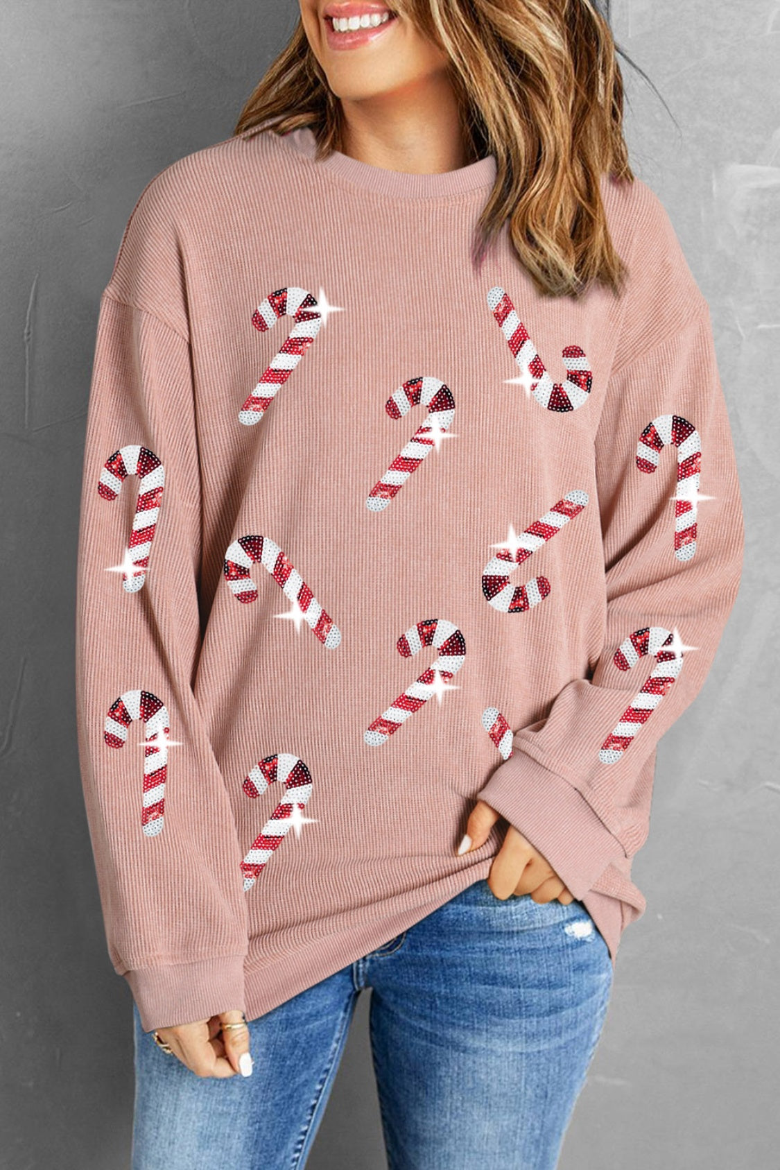 Sequin Candy Cane Round Neck Sweatshirt ships 2-3 weeks