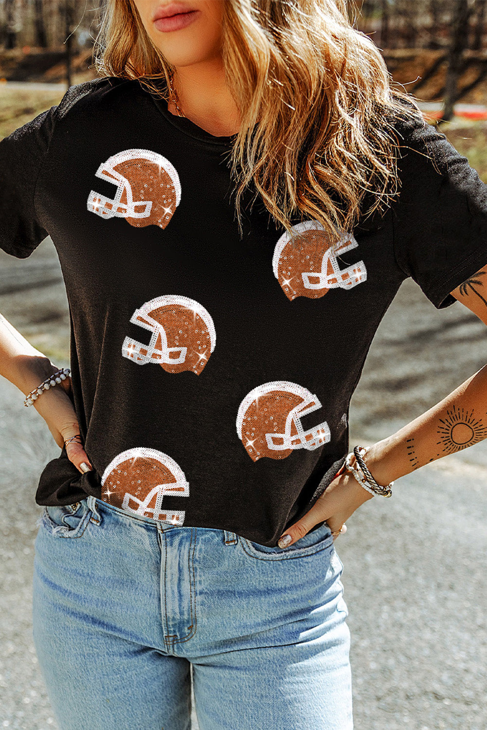 Black Sequin Baseball Helmet Graphic Crewneck T Shirt (ships 2 weeks)