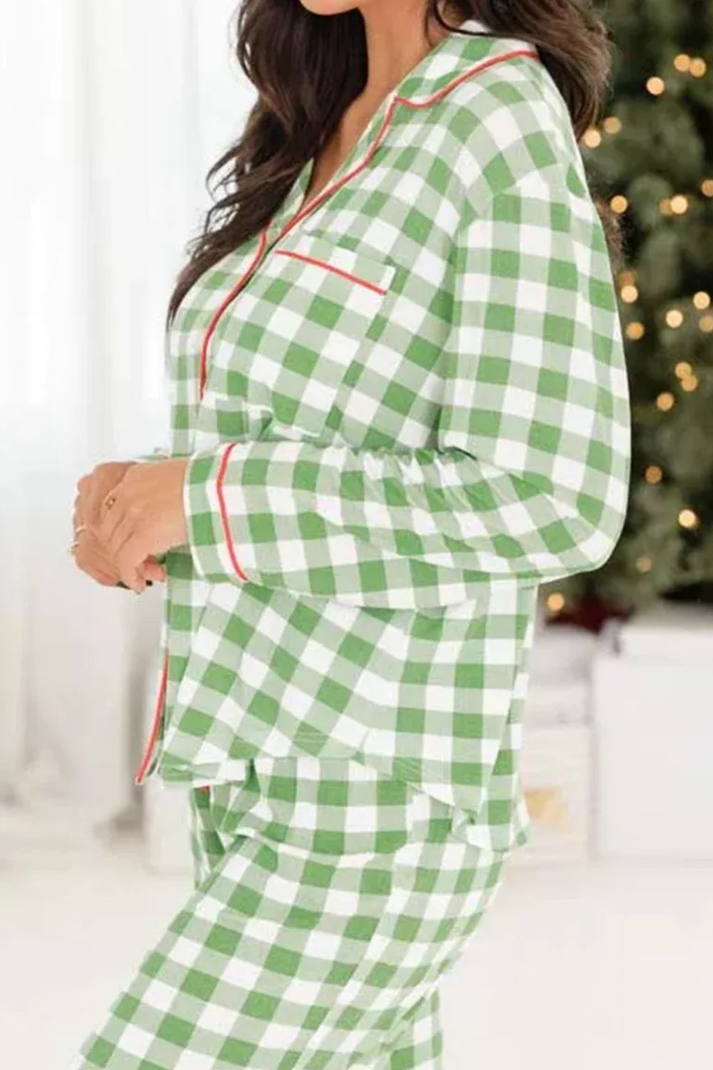 Contrast Piping Plaid Top and Pants Lounge Set ships 2-3 weeks