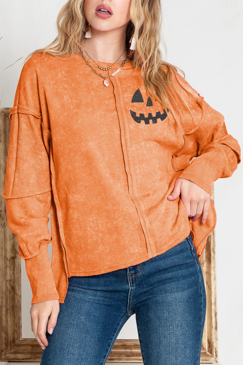 Round Neck Long Sleeve Jack-O'-Lantern Graphic Blouse (ships in 2 weeks)