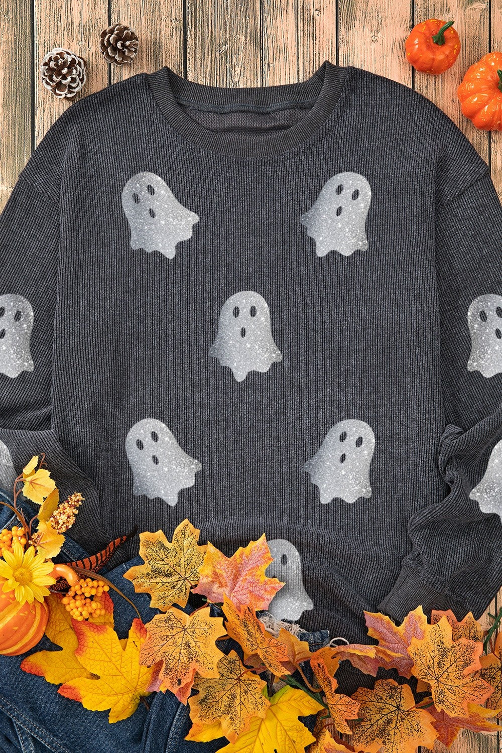 Glitter Ghost Round Neck Long Sleeve Sweatshirt ships 2-3 weeks