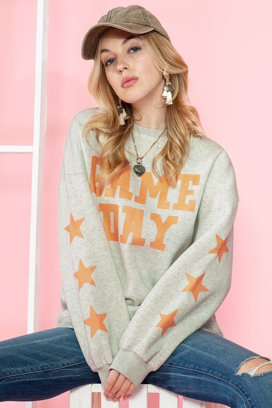 Black Lettering Game Day Print Star Sleeve Sweatshirt