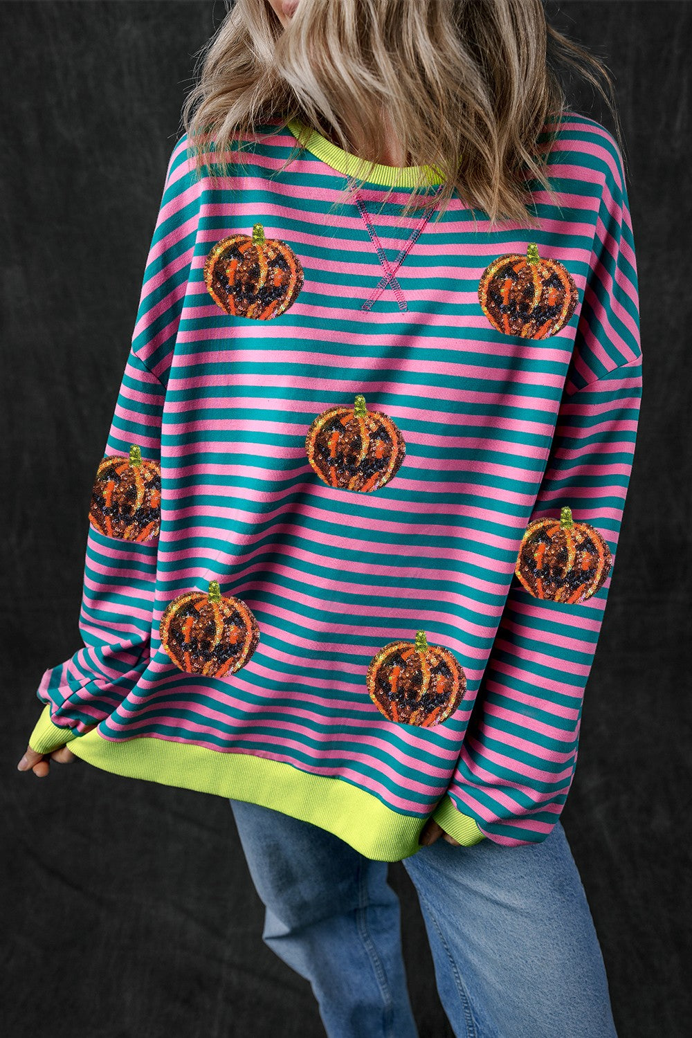 Pumpkin Striped Round Neck Long Sleeve Sweatshirt ships 2 weeks