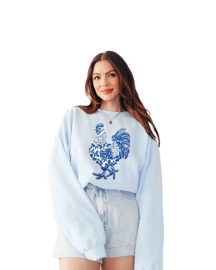 Grand Millennial Chicken Pullover Chenille On Blue (ships 1 -2 weeks)