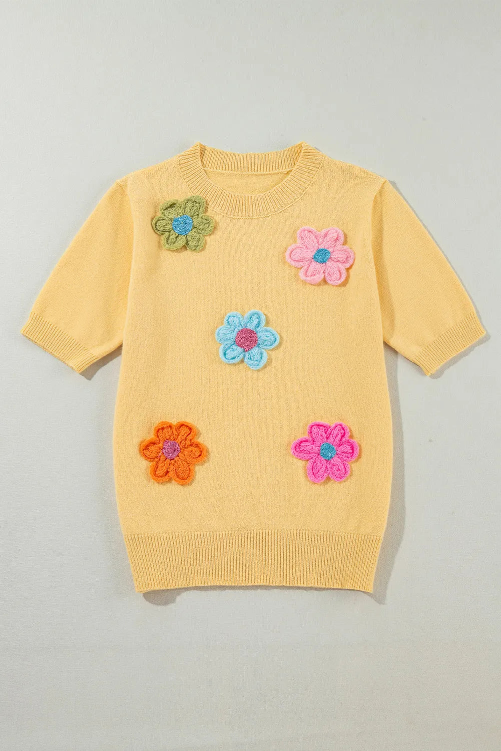 Flower Round Neck Short Sleeve Sweater ships 1-2 weeks