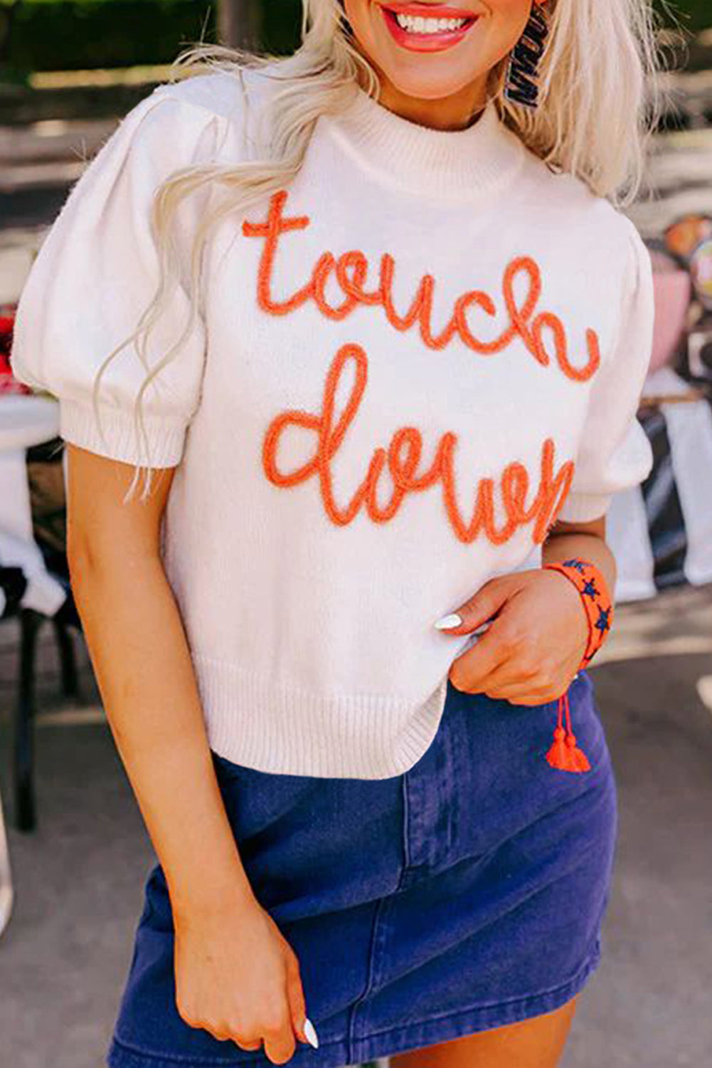 White Touchdown Tinsel Puff Short Sleeve Sweater (ships 1-2 weeks)