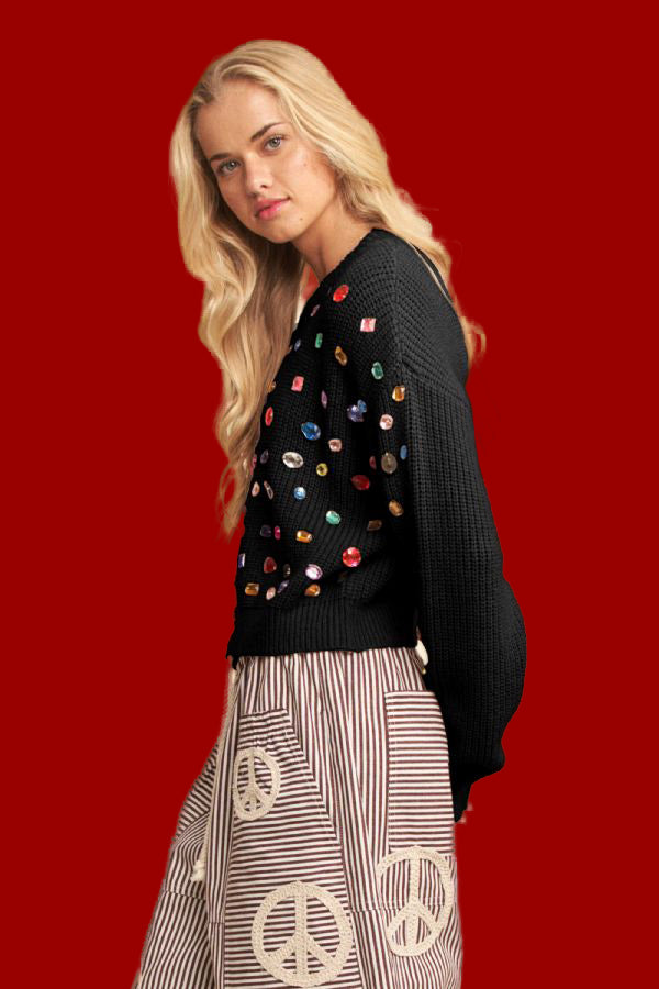 RHINESTONE BLACK SOFT KNIT SWEATER RTS