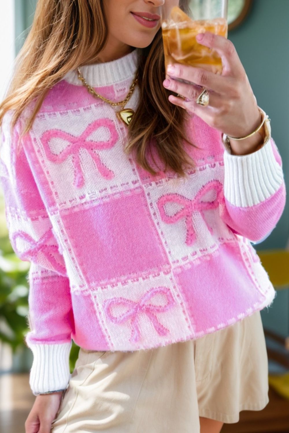 Pink Checkered Bow Sweater (ships 1-2 weeks)