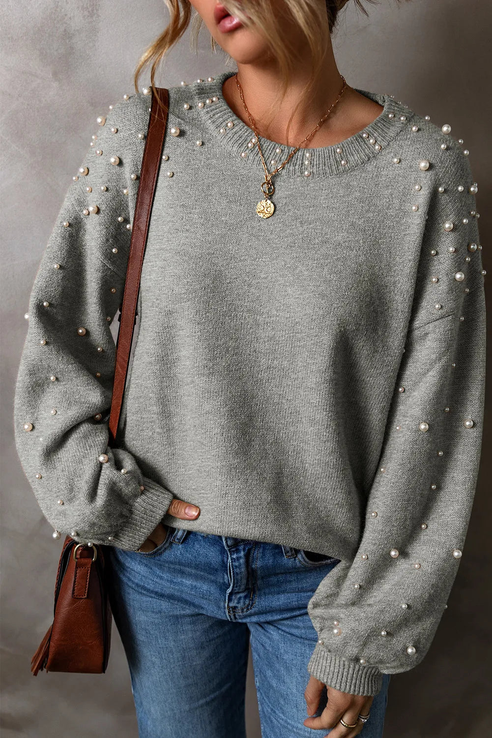 Pearl Detail Round Neck Long Sleeve Sweater (ships in 2 weeks)